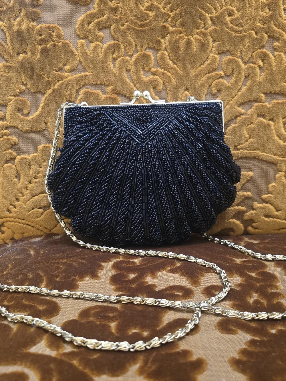 La Regale Black Beaded Shell Clutch with Gold Chain